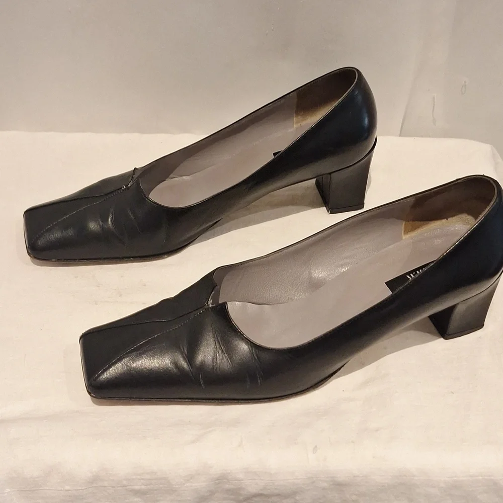 Peter Kaiser Black Block Heel Square Toe Leather Pumps